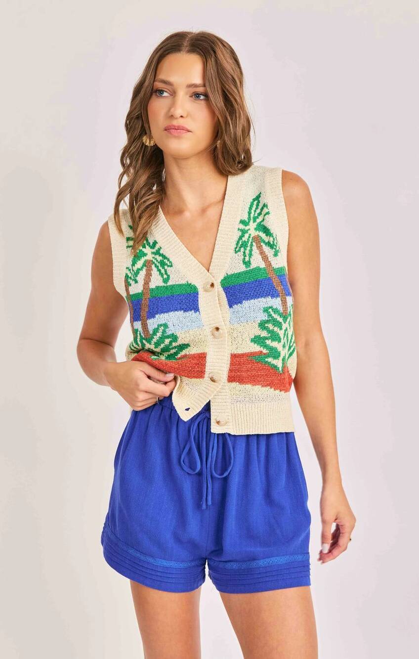 NEW SADIE & SAGE palms sweater vest in beige multi